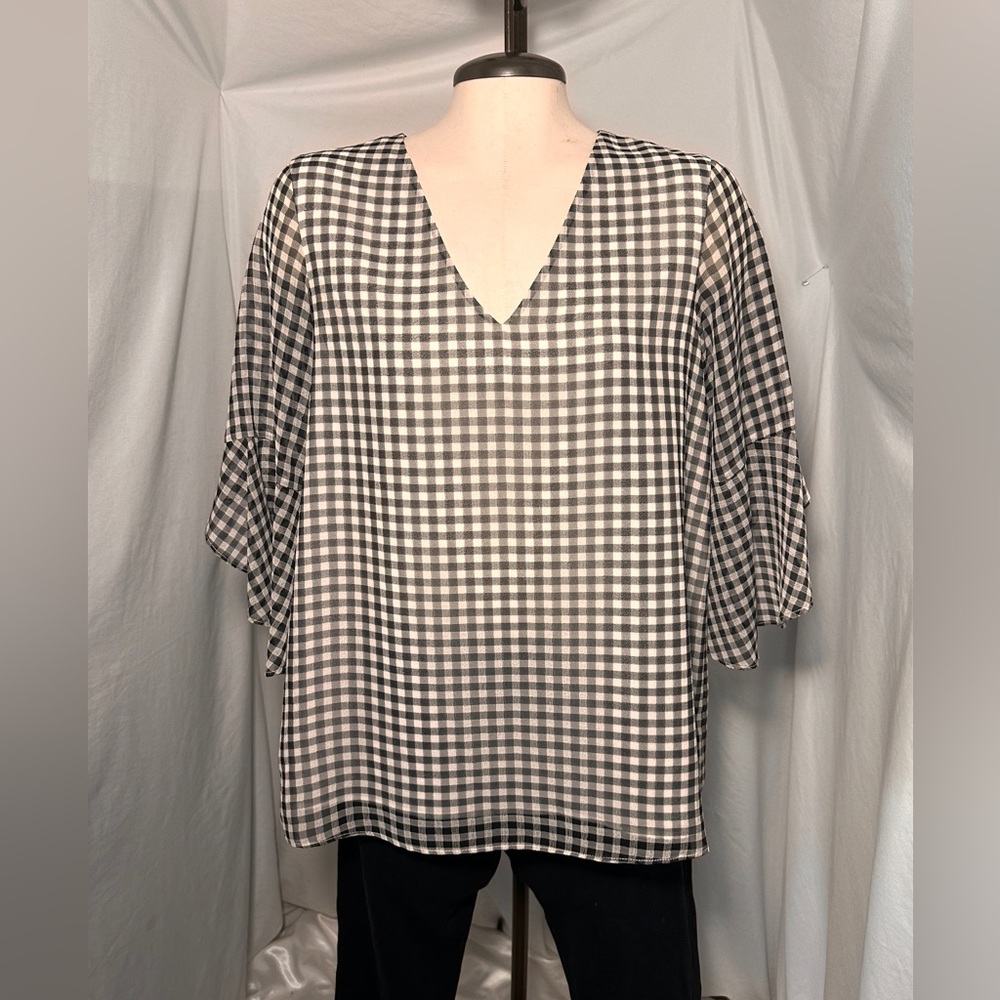 Calvin Klein Gingham Flutter Sleeve Blouse Black White Check V Neck Top Medium